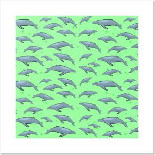 Blue Whale Pattern on Bright Green Background Posters and Art